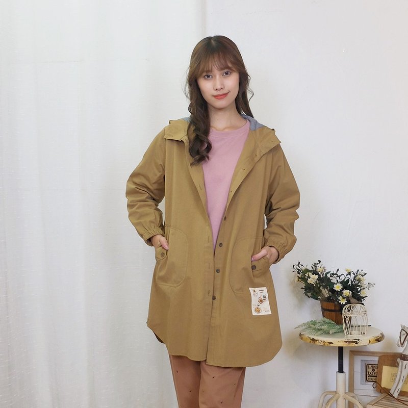 Hana Mokuba 紐釦門襟長版連帽風衣外套 - 女大衣/外套 - 棉．麻 