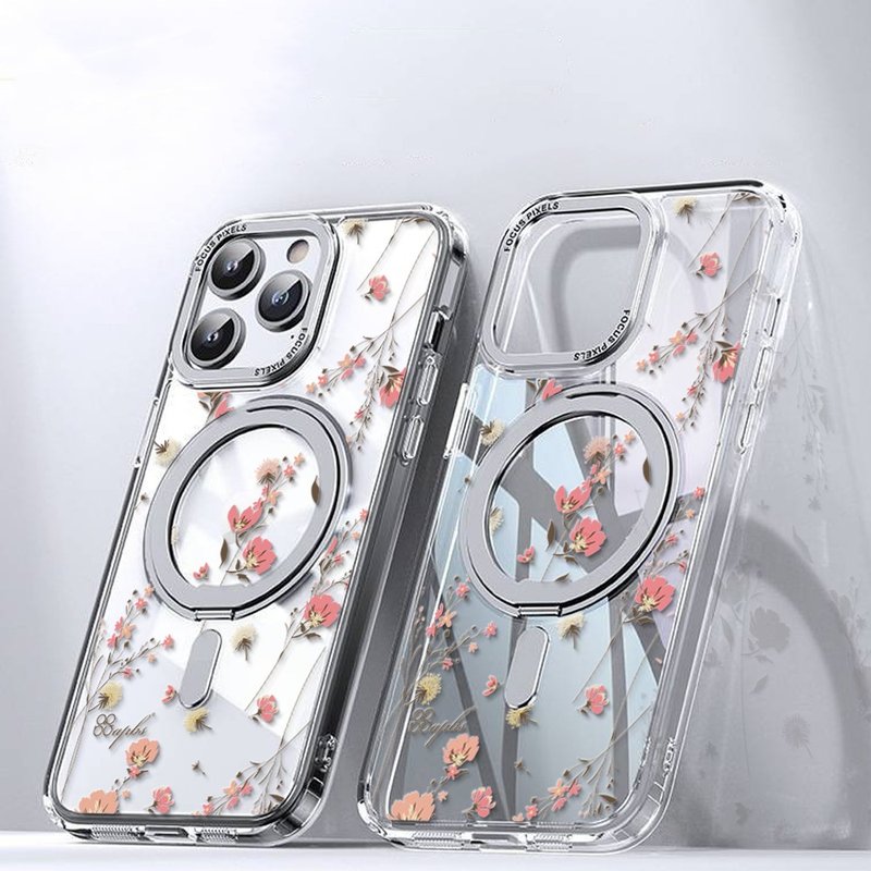 16/15/14/13/12/S24/S23 Series 360 Rotating Magnetic Stand Shell-Small Fresh-Moon Flower - Phone Cases - Other Materials Multicolor