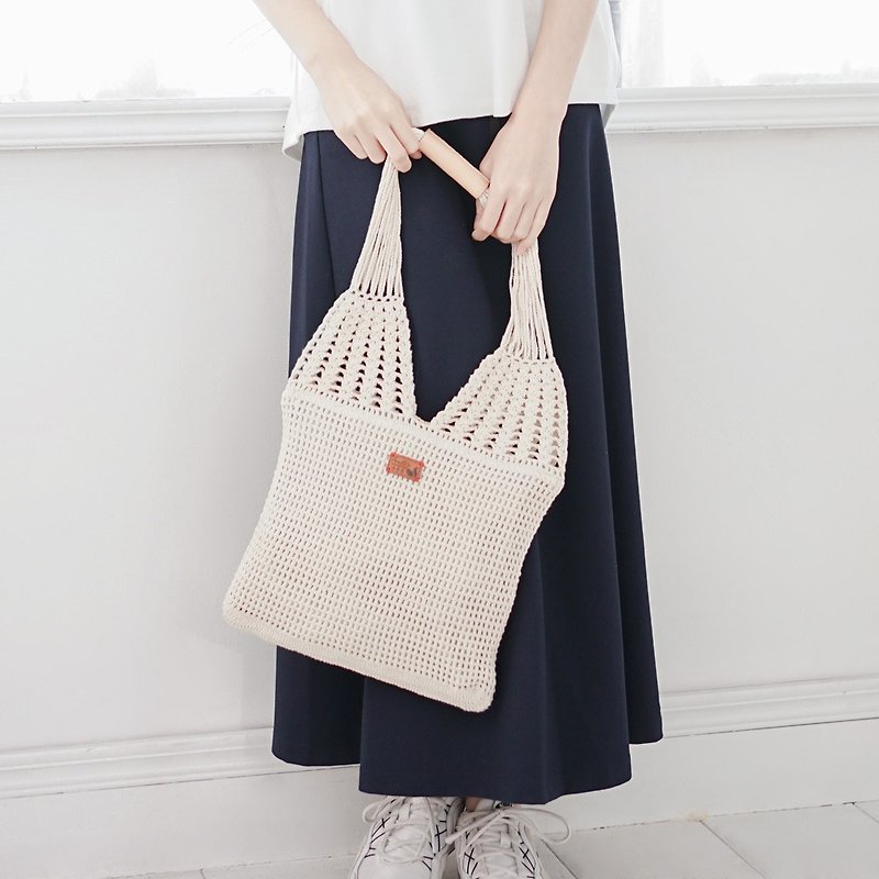 Handmade Knitted Woven Leather Handle Bag-Beige/A5 Woven Tote Bag/Tanabata