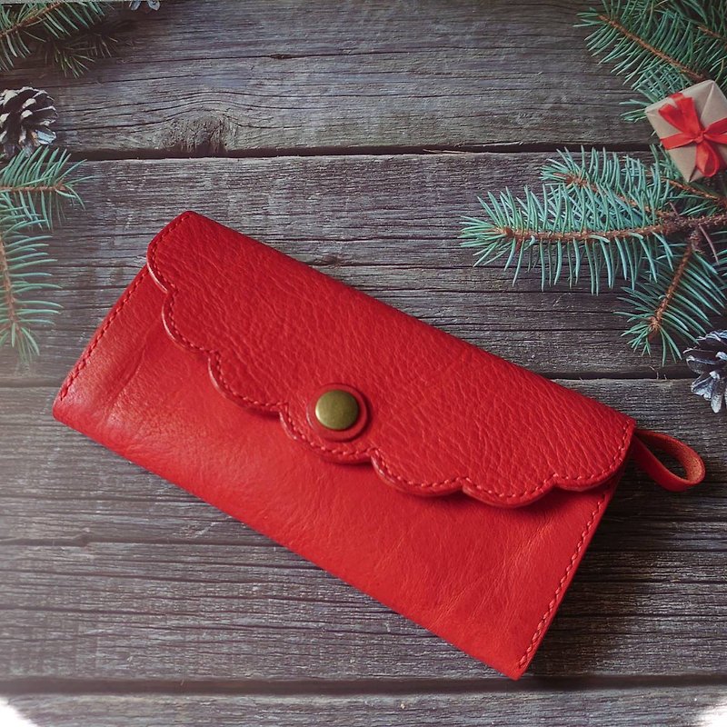 Leather flip-top long clip-red lace-soft vegetable tanned cowhide-hand-stitched - Wallets - Genuine Leather 