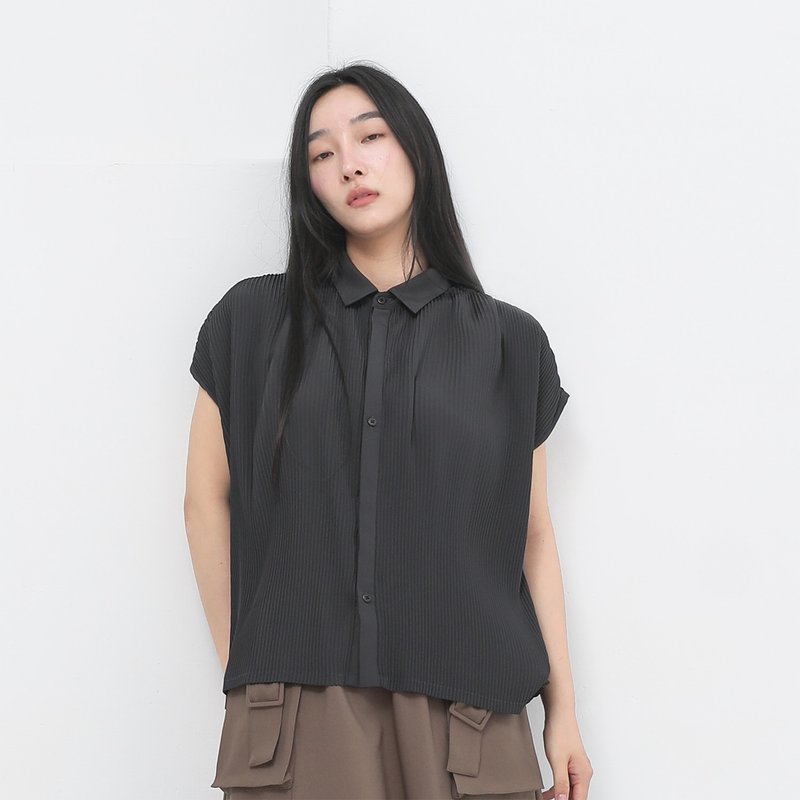 【經典原創】Yingluo_映落全褶襯衫_CLT019_深灰 - 女上衣/長袖上衣 - 聚酯纖維 黑色