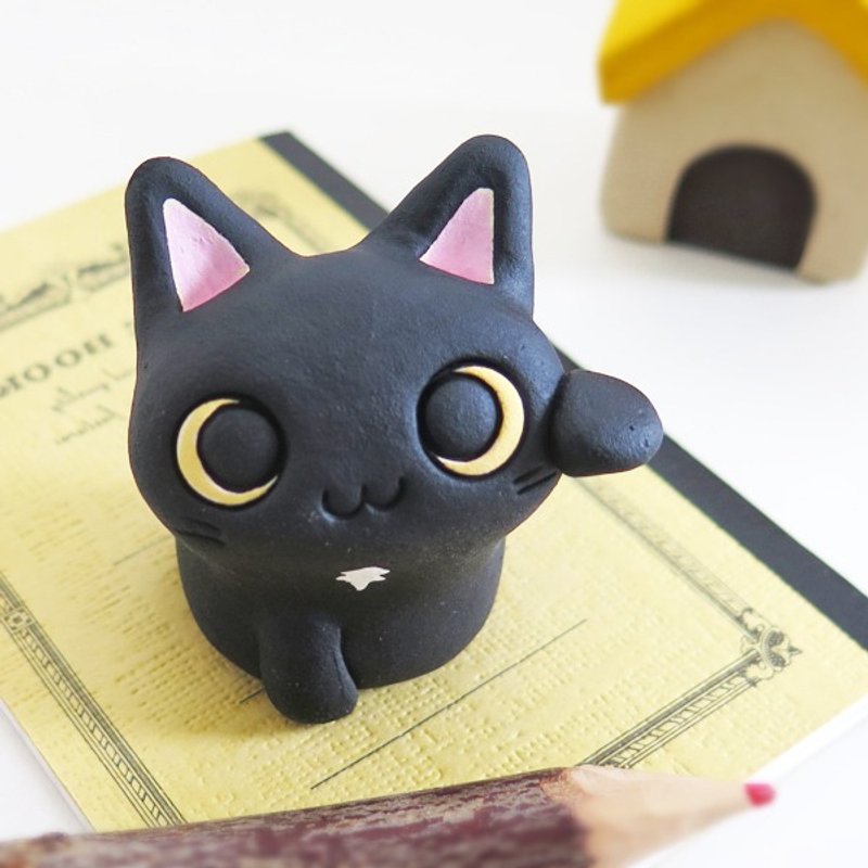豆にゃんこ・左招きクロ　猫置物 - 擺飾/家飾品 - 黏土 黑色