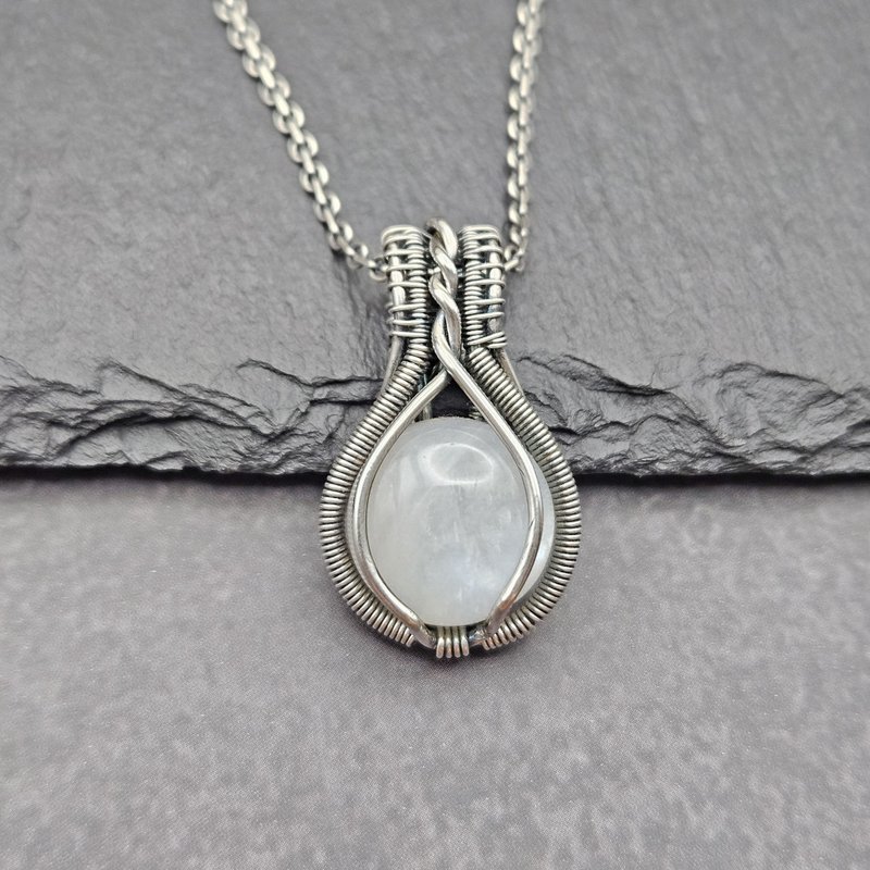 Moonstone Wire Wrapped Pendant , Silver , Oxidized - Necklaces - Sterling Silver White