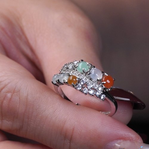 瓔珞珠寶盒 E.L.Jewelry Box 冰種多彩翡翠蛋面戒指 925純銀 | 天然緬甸玉翡翠A貨 | 送禮