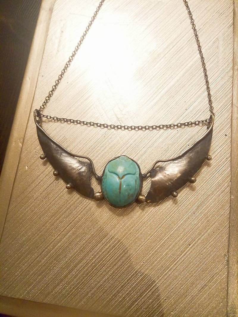 Natural stone turquoise sterling silver hand made Egyptian wind wings pendant - สร้อยคอ - ไม้ สีเขียว
