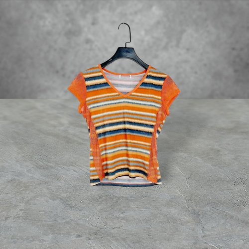 蘿綺莉蕾芭索 二手 鮮橘 暈染 微亮面 輕薄軟 高彈性 拼接 網布 短袖上衣 PF511