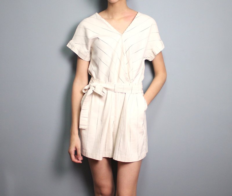 FOAK Vintage Minimalist White Line Embroidered Jumpsuit - จัมพ์สูท - ผ้าฝ้าย/ผ้าลินิน ขาว