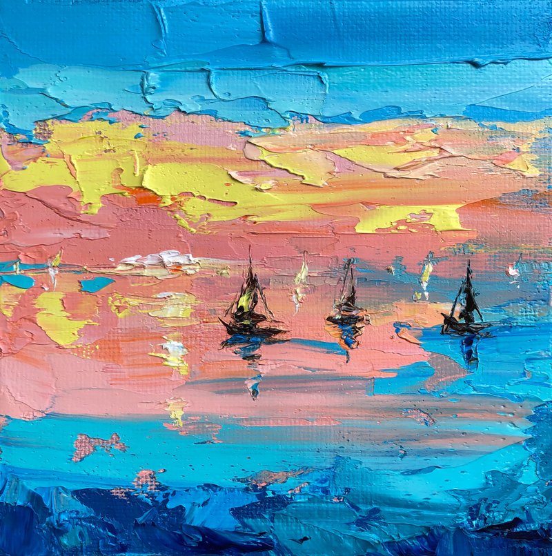 Original Sunset Sunrise Landscape Oil Painting On Canvas Seascape Sailboats Art - 壁貼/牆壁裝飾 - 棉．麻 多色