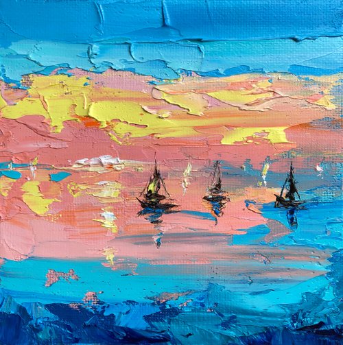 OsipovArtStudio Original Sunset Sunrise Landscape Oil Painting On Canvas Seascape Sailboats Art