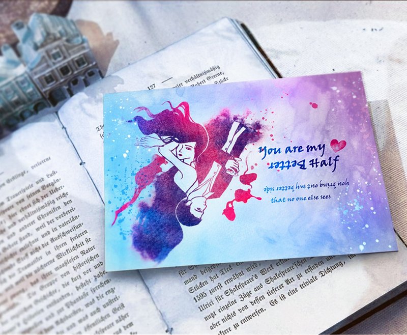 Better Half hand-painted bright pink hot convex super thick postcard card - การ์ด/โปสการ์ด - กระดาษ สีน้ำเงิน