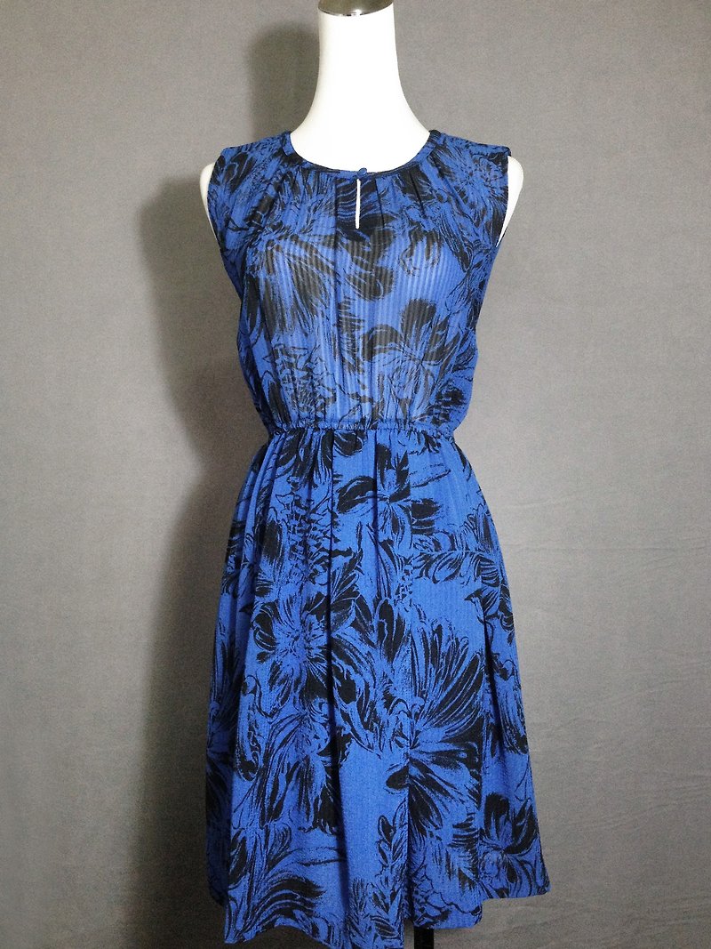 ピンポンヴィンテージ[ヴィンテージドレス/花のシルエットのノースリーブのヴィンテージドレス]を海外にバックVINTAGE - ワンピース - その他の素材 ブルー