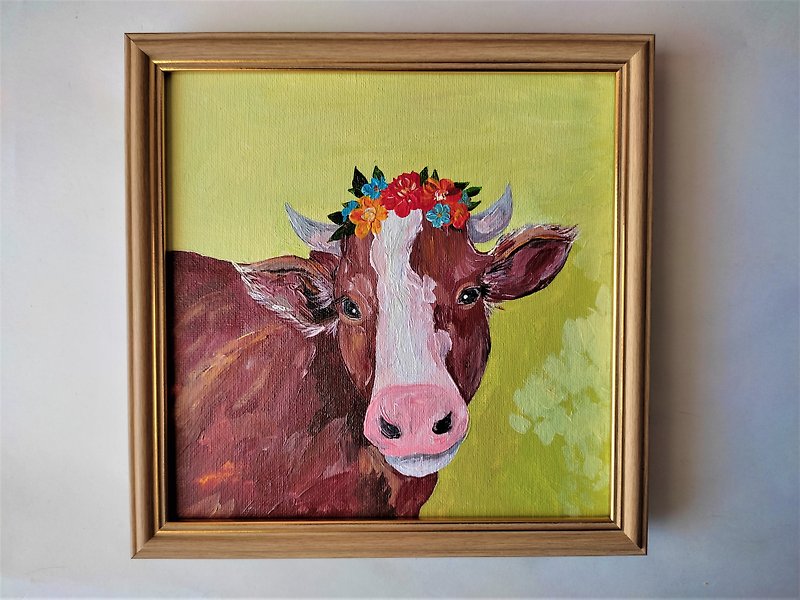 Cow original painting / Flower crown cow canvas wall art / Animal art