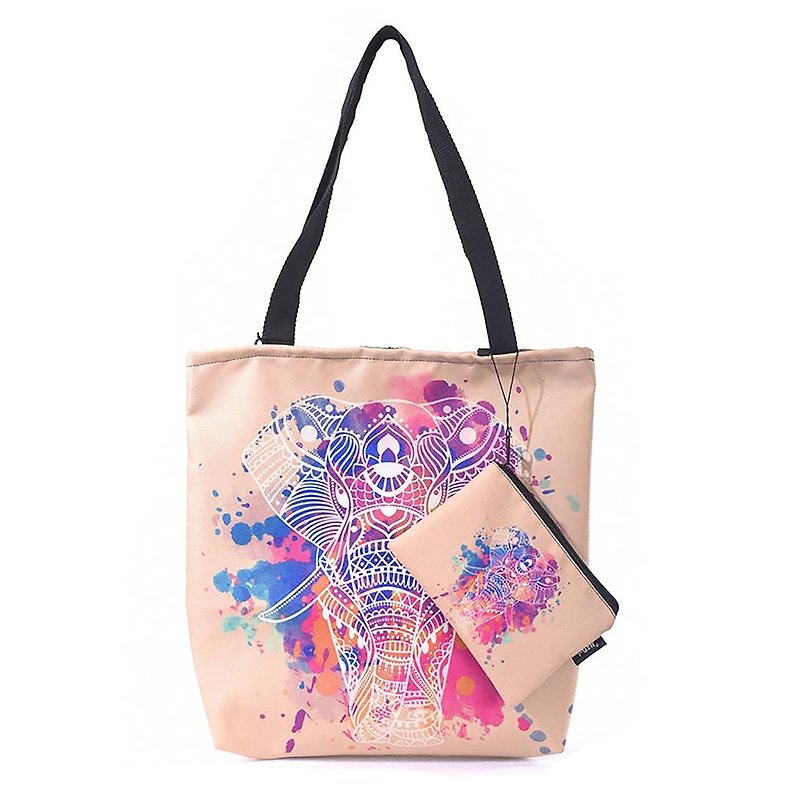 Shoulder bag, chicken egg color, elephant print - Handbags & Totes - Cotton & Hemp Khaki