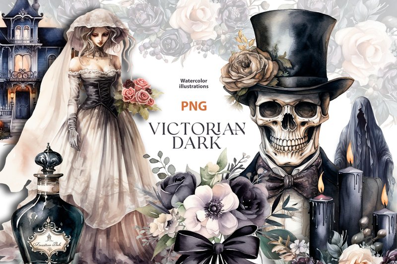 Watercolor HALLOWEEN clipart set, Dark Victorian Clipart, Watercolor gothic png - 電子手帳及素材 - 其他材質 