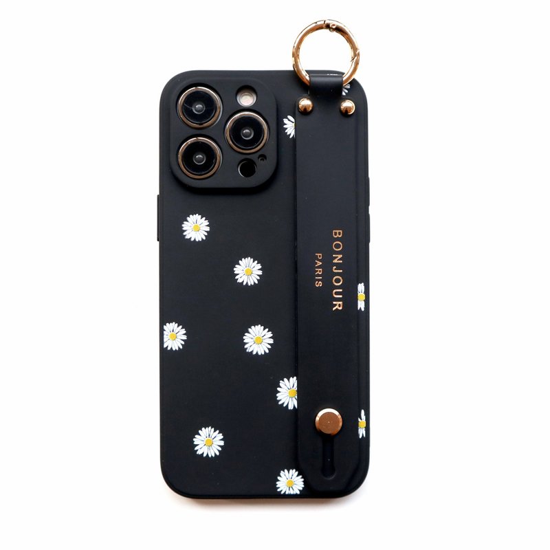 iPhone16/15/14/13/12 Tokyo limited-French black feverfew hand strap phone case - Phone Cases - Plastic Black