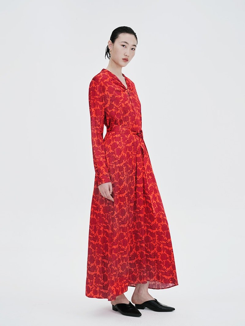 【印花】新中式復古中國風 V領長袖連衣裙 - 裙子/長裙 - 其他材質 紅色