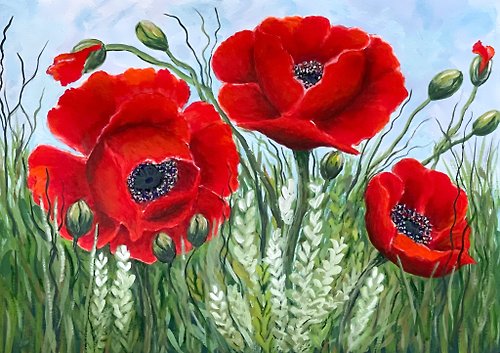 vernissage-VG-galery Large poppies in the green grass. Painting Gouache.