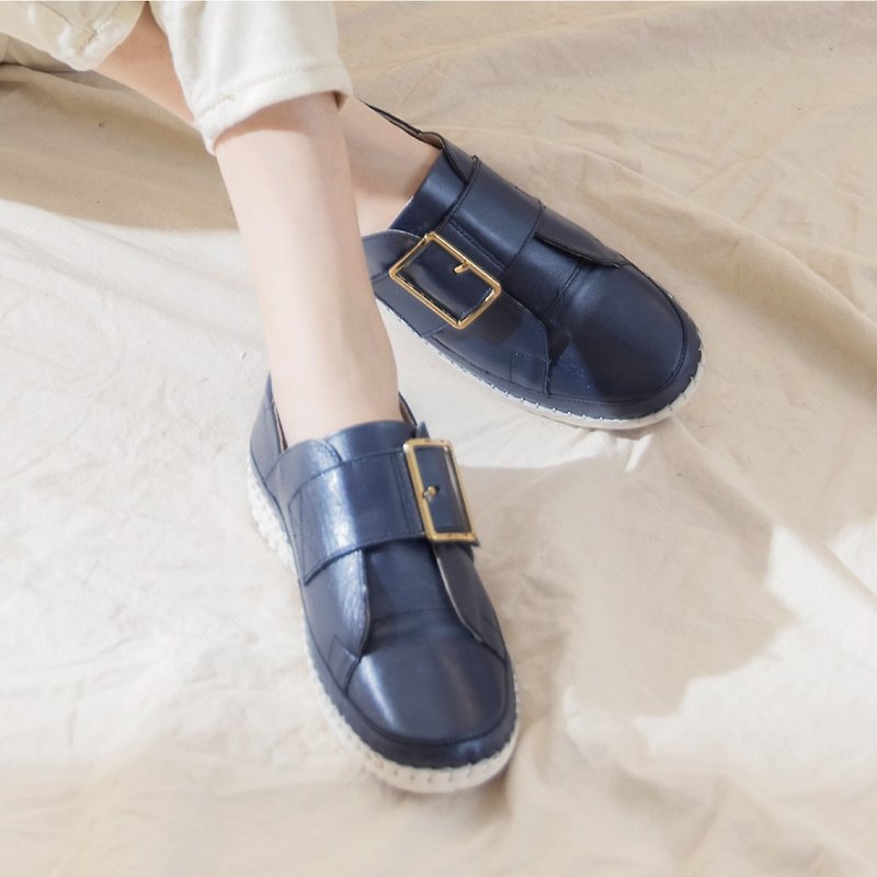 Leather Metal Square Buckle Magnet Thick Bottom Air Cushion Balloon Casual Shoes (Navy Blue) - รองเท้าลำลองผู้หญิง - หนังแท้ สีน้ำเงิน
