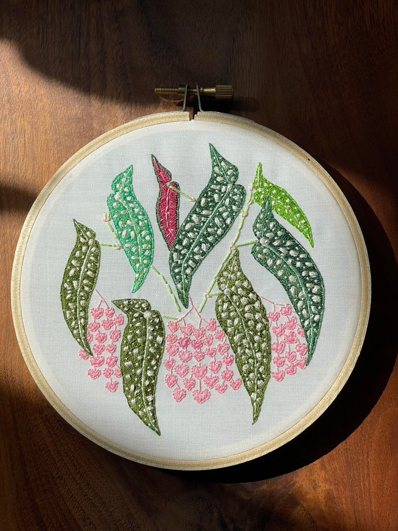 Begonia Maculata hand embroidery with frame - Items for Display - Cotton & Hemp Green