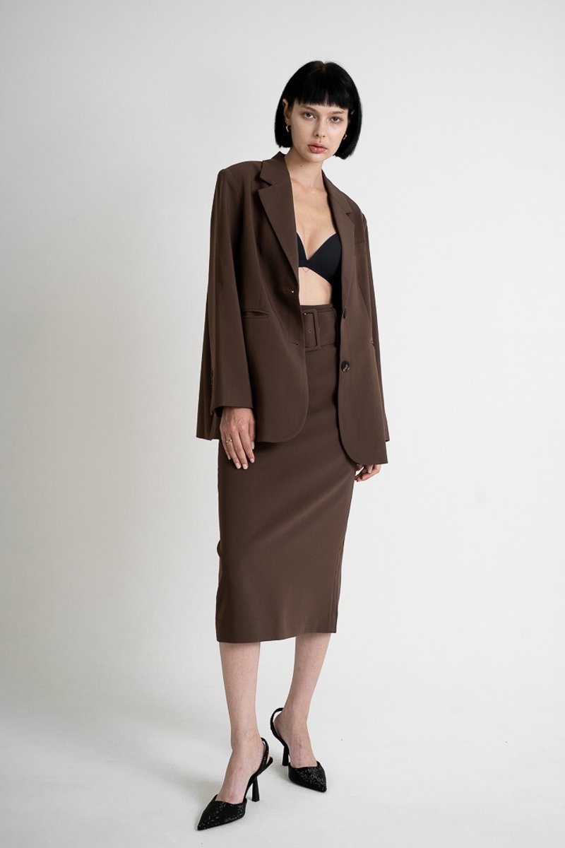 High Waist Pencil Skirt-Chocolate | 寬腰帶開衩高腰窄裙-深咖 - 裙子/長裙 - 聚酯纖維 咖啡色