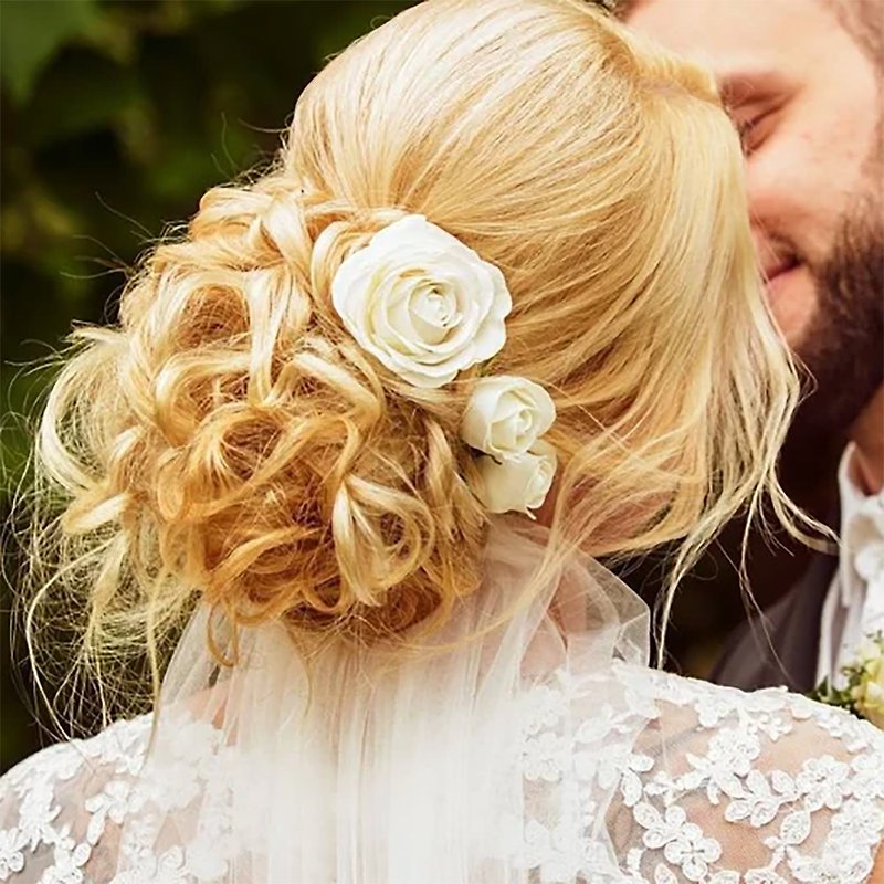 其他材質 髮飾 白色 - 3 pcs Ivory rose hair pins Flower hair clip Handmade Bridal hair piece Wedding