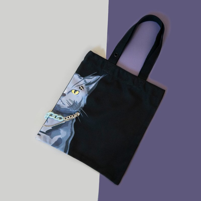 Illustration Canvas Tote Bag- A British Shorthair cat with a necklace (Black) - Handbags & Totes - Polyester Black