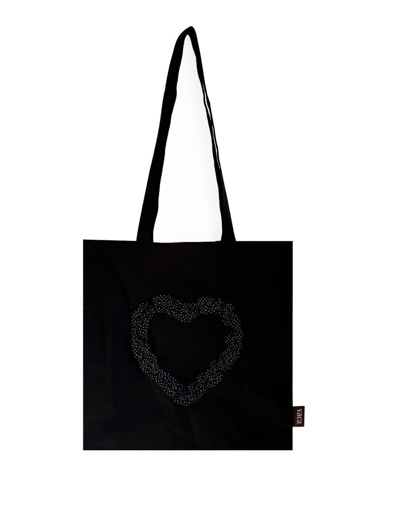 RUFFLE HEART COTTON BAG (DOT) - 手提包/手提袋 - 棉．麻 黑色