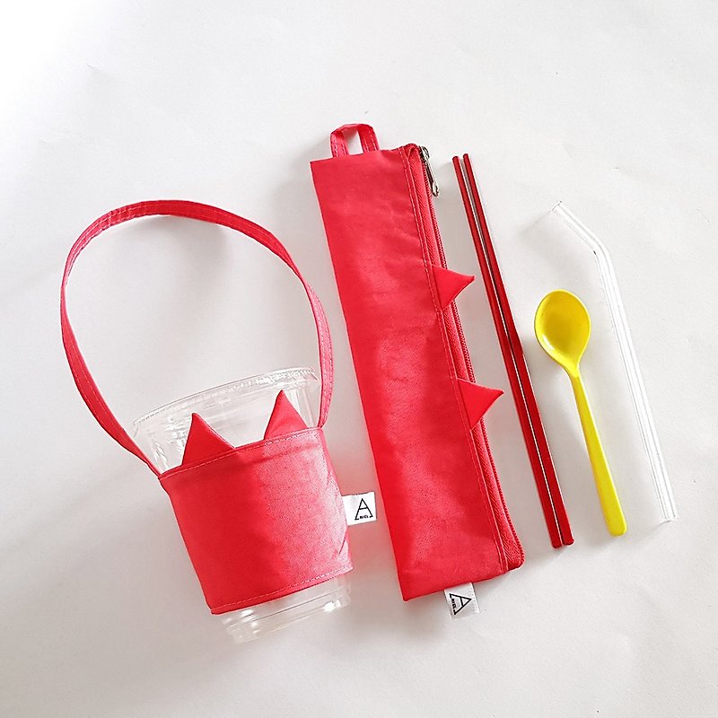 Ariel's wonderland/草莓貓/環保餐具袋+飲料提袋【禮物/送禮】 - 杯袋/飲料提袋 - 棉．麻 粉紅色