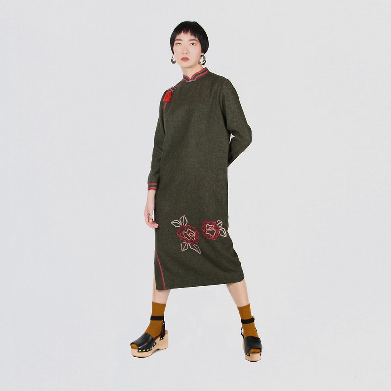 [Egg plant ancient] green algae peony wool modified vintage cheongsam - One Piece Dresses - Wool 