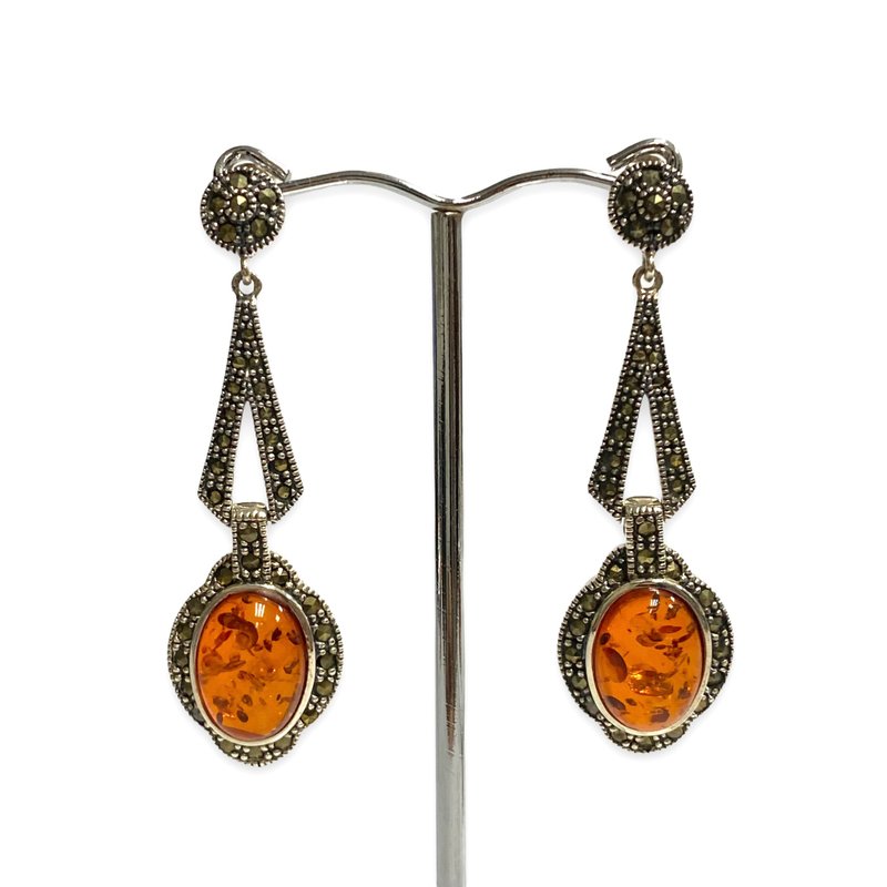 Art Deco Style Stunning Amber Marcasite Set Pendant Earrings 925 Sterling Silver - 耳環/耳夾/耳骨夾 - 銀 銀色