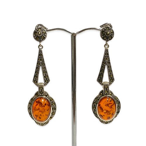 alisadesigns Art Deco Style Stunning Amber Marcasite Set Pendant Earrings 925 Sterling Silver
