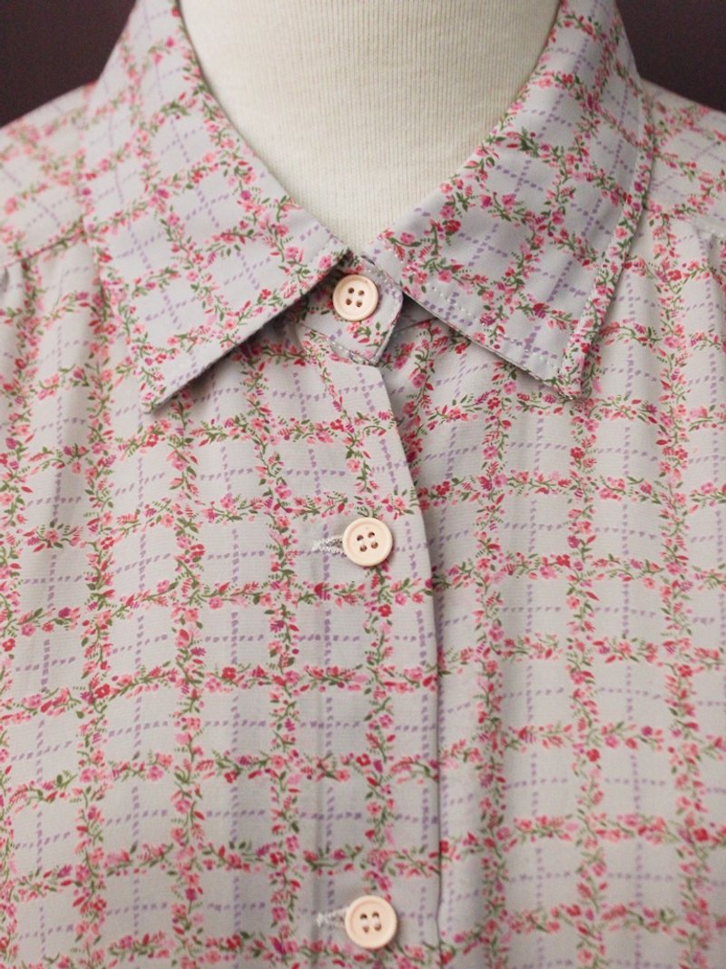 復古日本製典雅碎花幾何格紋灰紫色長袖古著襯衫 Vintage blouse - 女襯衫 - 聚酯纖維 粉紅色