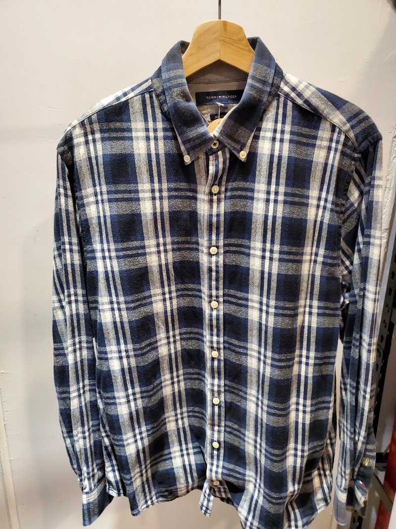 有禮貌穿搭 日本古著 tommyhilfiger 法蘭絨 格紋 長襯 f有禮貌穿 - 男襯衫/休閒襯衫 - 棉．麻 藍色