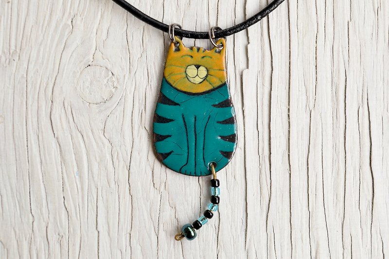 Turquoise Cat Pendant, Cat Necklace, Enamel Pendant, Enamel Jewelry,  - สร้อยคอ - วัตถุเคลือบ 