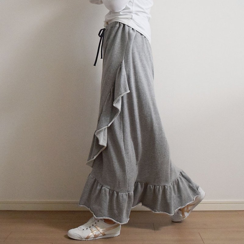 棉．麻 裙子/長裙 灰色 - Mini Fleece Fleece Frill Maxi Skirt Gray Made-to-Order