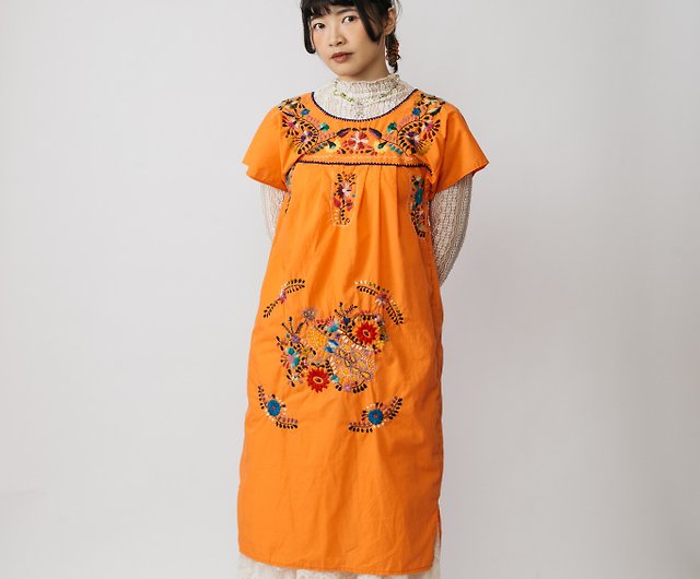 刺繍ワンピース ピンクオレンジ 民族衣装 - ワンピース