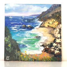 キャンバスに描かれた海の油絵 海景画 海岸画 カモメの絵