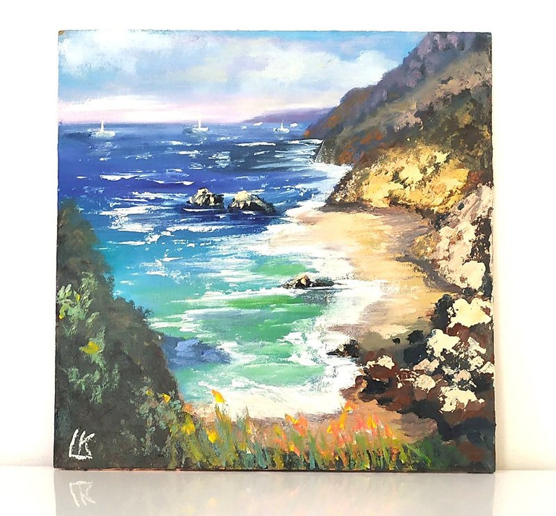 Sea Oil Painting on Panel Beach Painting Rocky Shore Painting Ocean Waves Art - โปสเตอร์ - วัสดุอื่นๆ 