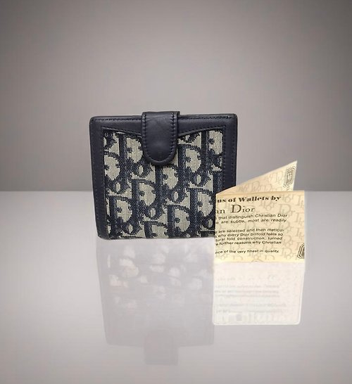 LA LUNE Vintage 日本鑑證古董品選物店 【LA LUNE】中古二手Dior深藍老花皮革短夾小錢銀包零錢卡片手袋