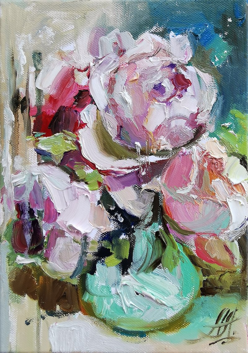 Pink peonies miniature on canvas, Flowers blossom small flowers painting miniatu - Wall Décor - Other Materials Pink