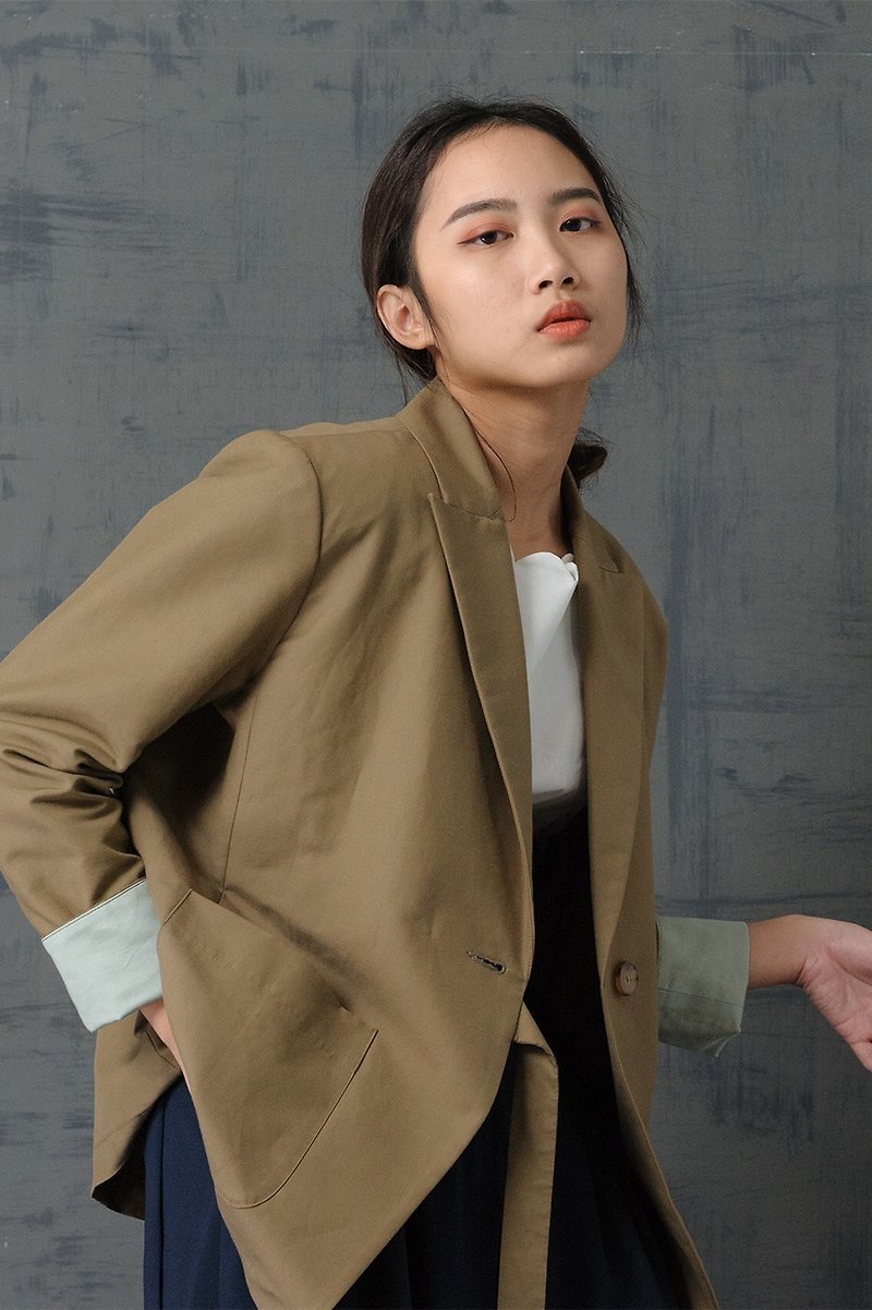 LANZONA Ultimate Retro Sword Collar Broad Shoulder Knotted Strap Jacket - 1A37 - Women's Blazers & Trench Coats - Polyester Khaki
