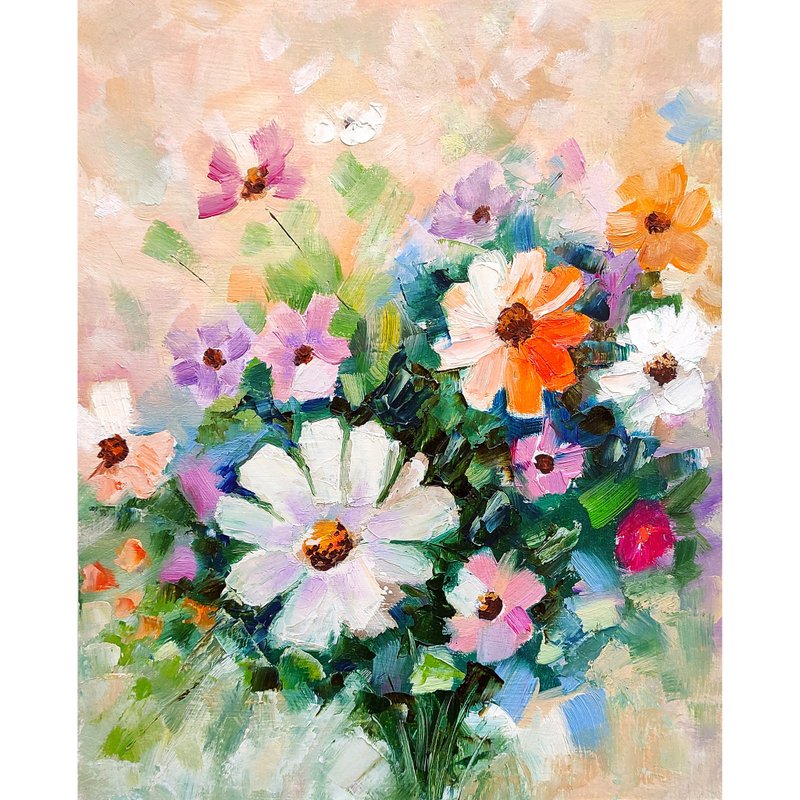 Daisies Bouquet Original Painting Flower Wall Art Floral Impasto Art 手工油畫 油畫原作 - 海報/掛畫/掛布 - 其他材質 多色