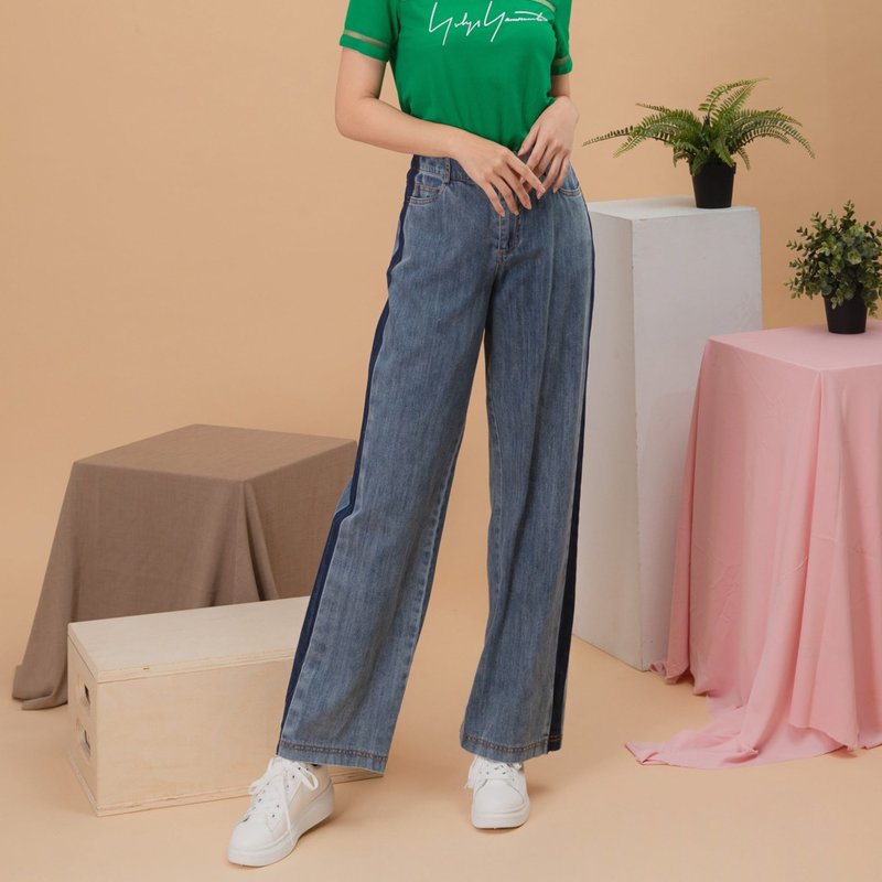 【MEDUSA】側條印色個性牛仔寬褲 (M-XL) | 女裝 長褲 牛仔褲 - 女長褲 - 棉．麻 藍色