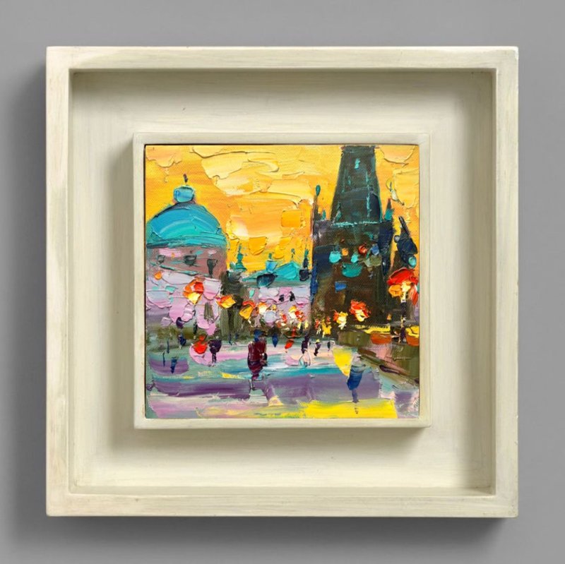 Prague Painting Sityscape Original Art Realism Art Impasto Oil Prague - Posters - Other Materials Orange