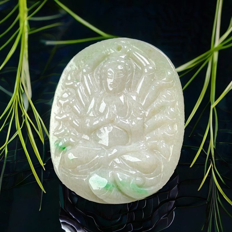 飄綠花翡翠精雕千手觀音菩薩項鍊 | 天然緬甸玉A貨翡翠 | 送禮 - 項鍊 - 玉石 多色