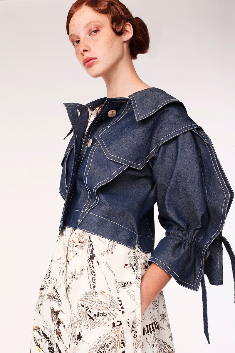 Origami Squarish Sleeves Denim Jacket / Navy / Handmade in Japan - Women's Casual & Functional Jackets - Cotton & Hemp Blue