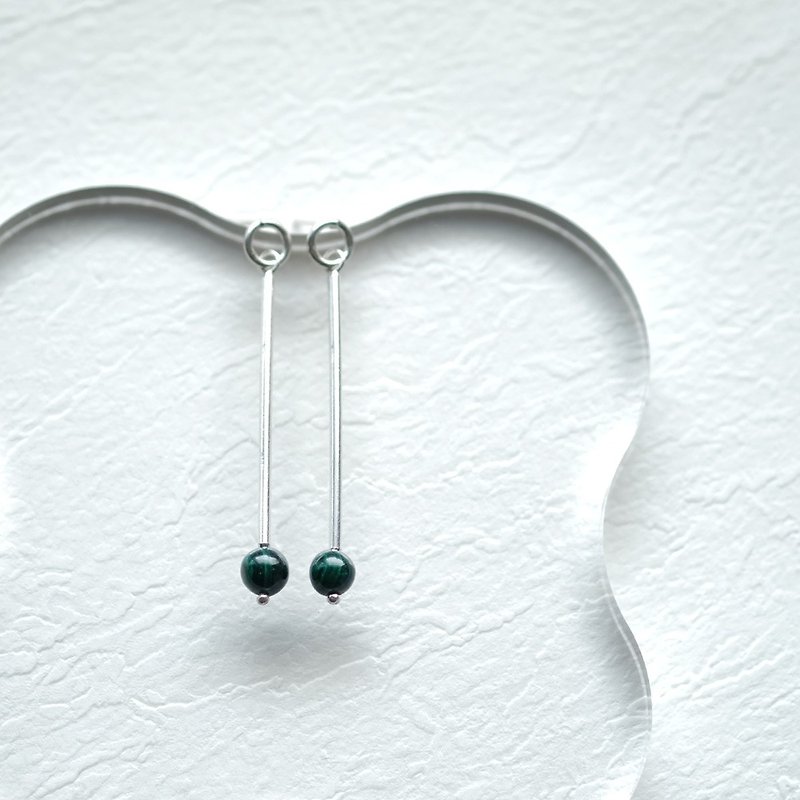 Malachite Round Line Long Earrings Silver 925 - ต่างหู - โลหะ สีเขียว