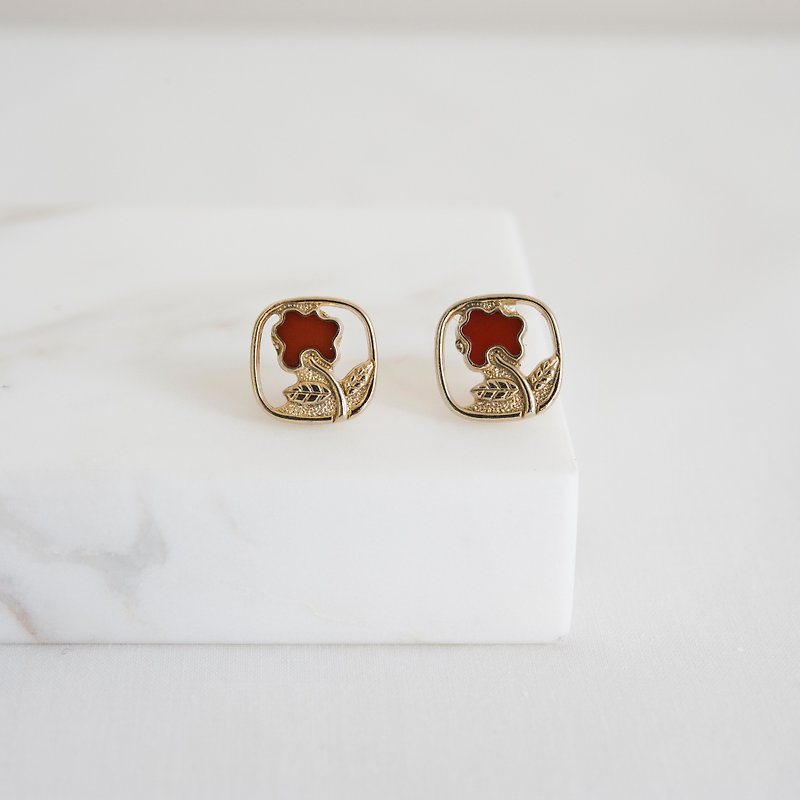 Vintage Button Earrings - ต่างหู - พลาสติก สีแดง