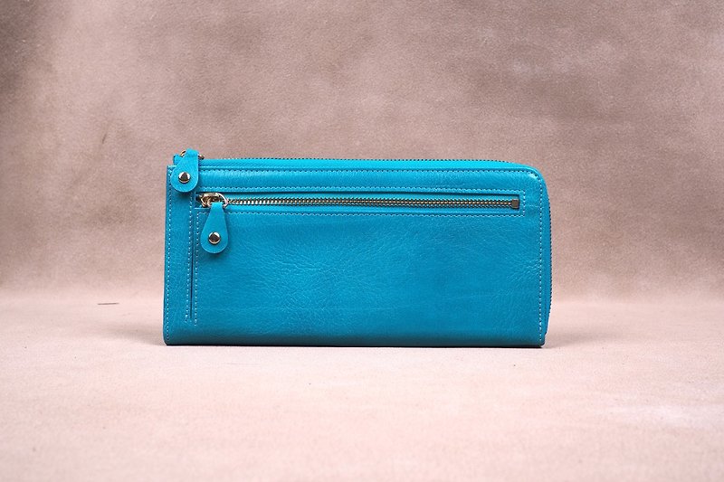Copy Italian Vegetable Genuine Leather Lady Long Wallet Zipper Wallet Purs Mint - กระเป๋าสตางค์ - หนังแท้ สีน้ำเงิน