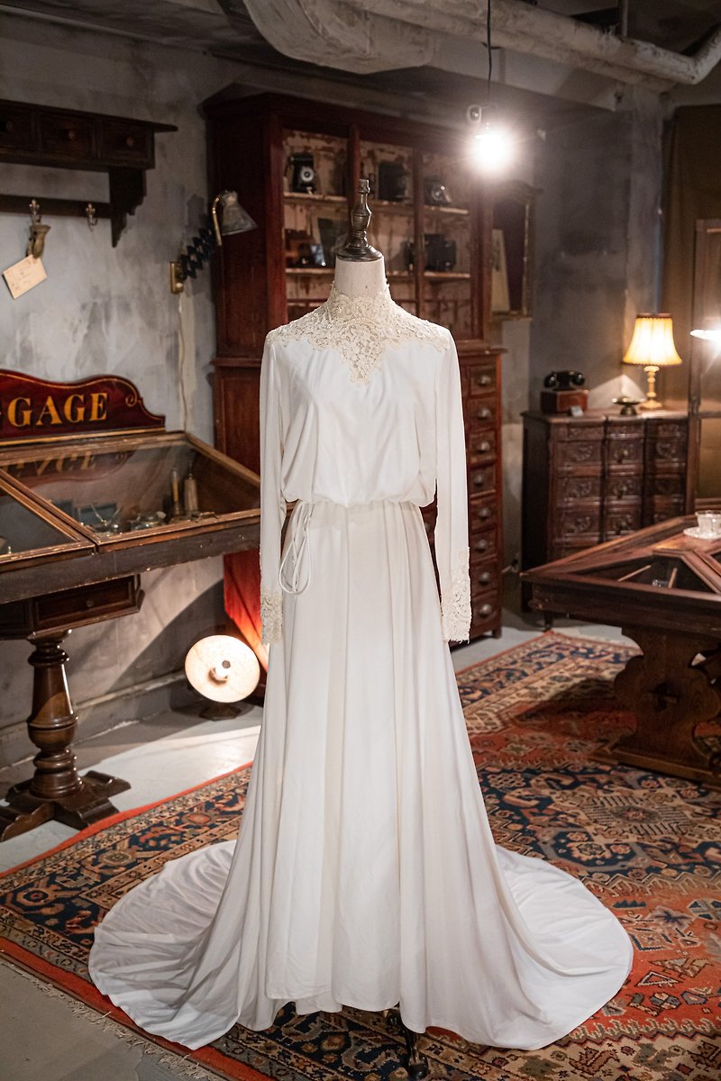 60年代の長袖ロマンチックなヴィンテージのウェディングドレス - ドレス - コットン・麻 ホワイト